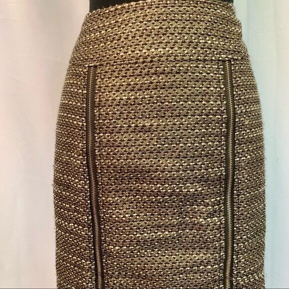 ETCETERA GOLD BRONZE METALLIC PENCIL SKIRT WOOL BLEND EXPOSED ZIPPERS SIZE 4 - Picture 4 of 12